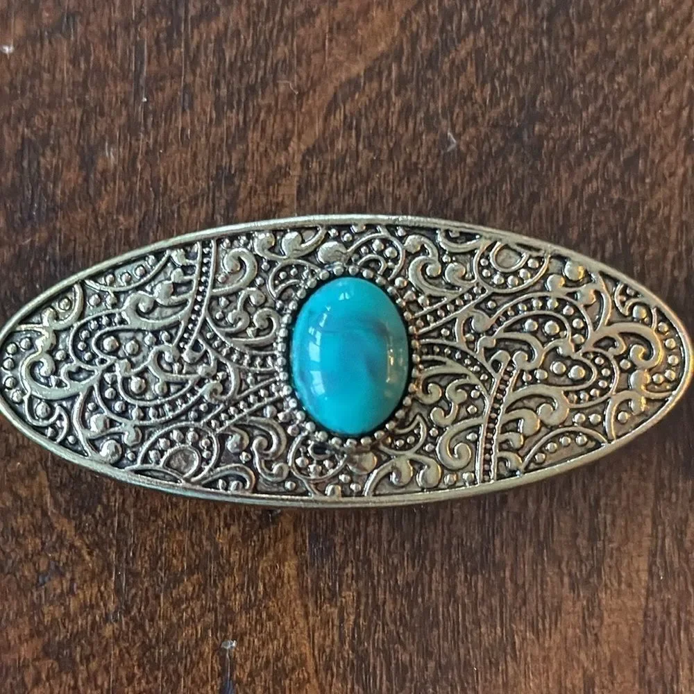 Jeweled French Barrette Set – Simulated Gemstone Inlay: Turquoise, Coral & Opal